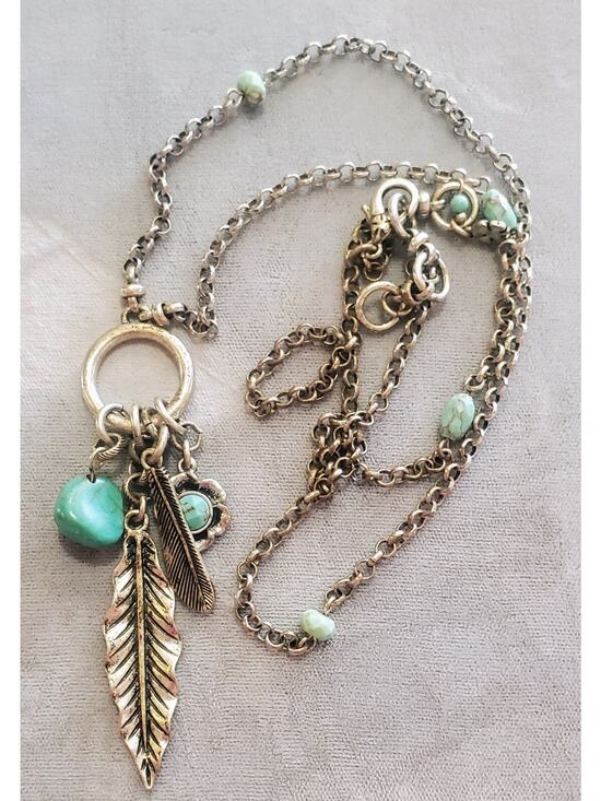 Unknown Jewelry - Vintage Boho Statement Necklace Leaf Faux Turquoise Bohemian Silver Tone 30”